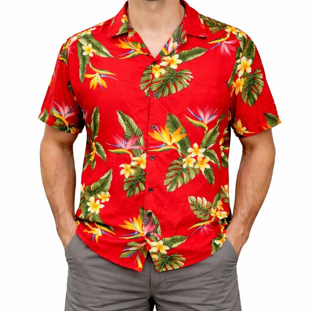 Kalaheo Hawaiian Aloha Shirt 2XL Bird Of Paradise Plumeria Flowers Red